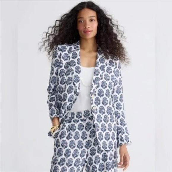 J. Crew Helena Blazer Navy and White Brouquet Block Print Linen Blend | 2 - Picture 1 of 7